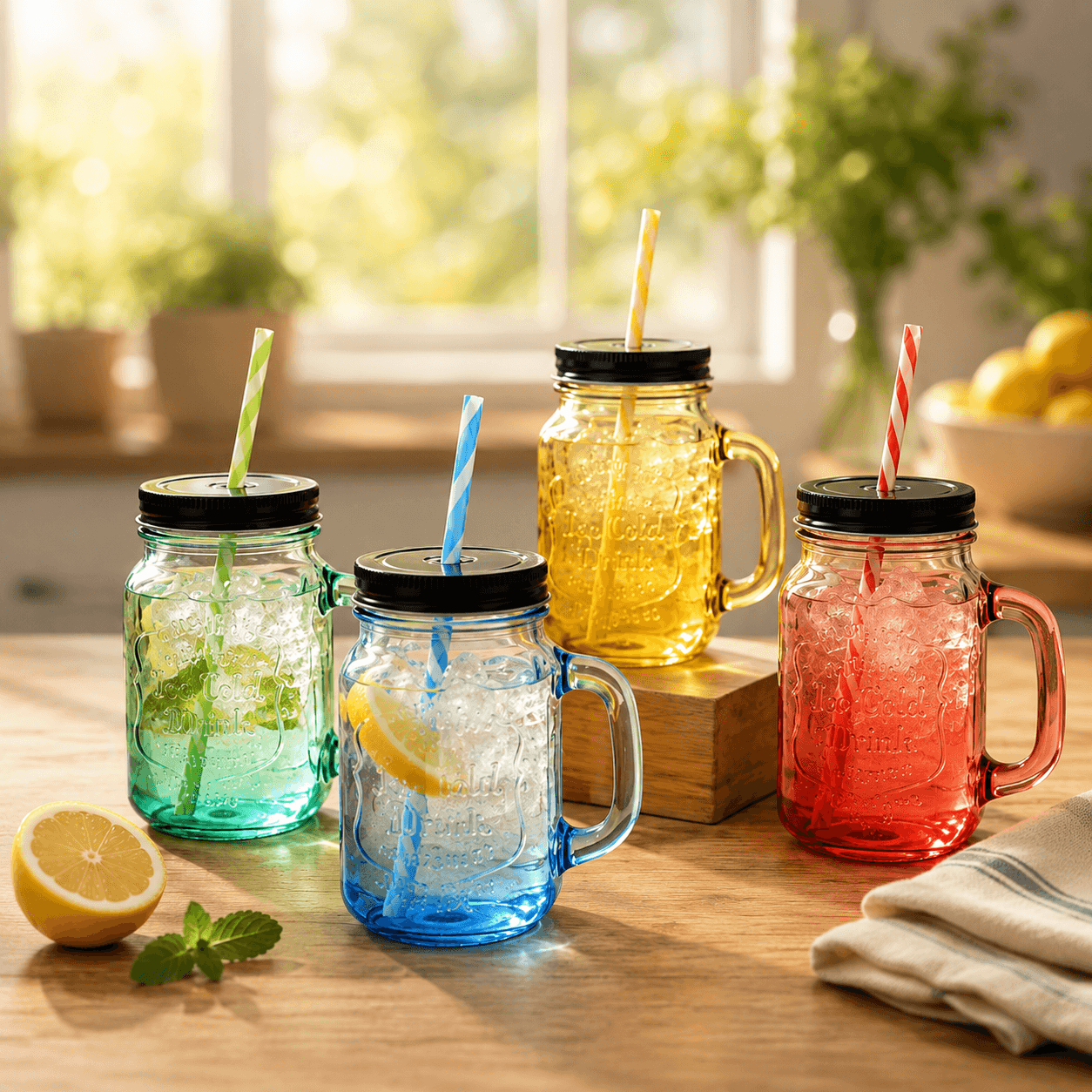 Glass Mason Jar With Handle Straw UL-12011