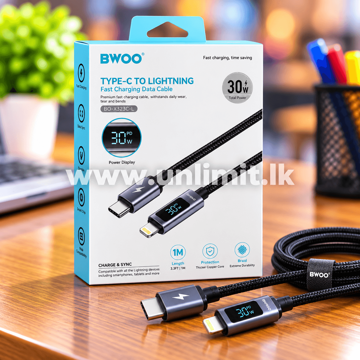 Bwoo Type C - Lightning Fast Charging Cable 30W with Power Display BO-X323C-L UL-12845