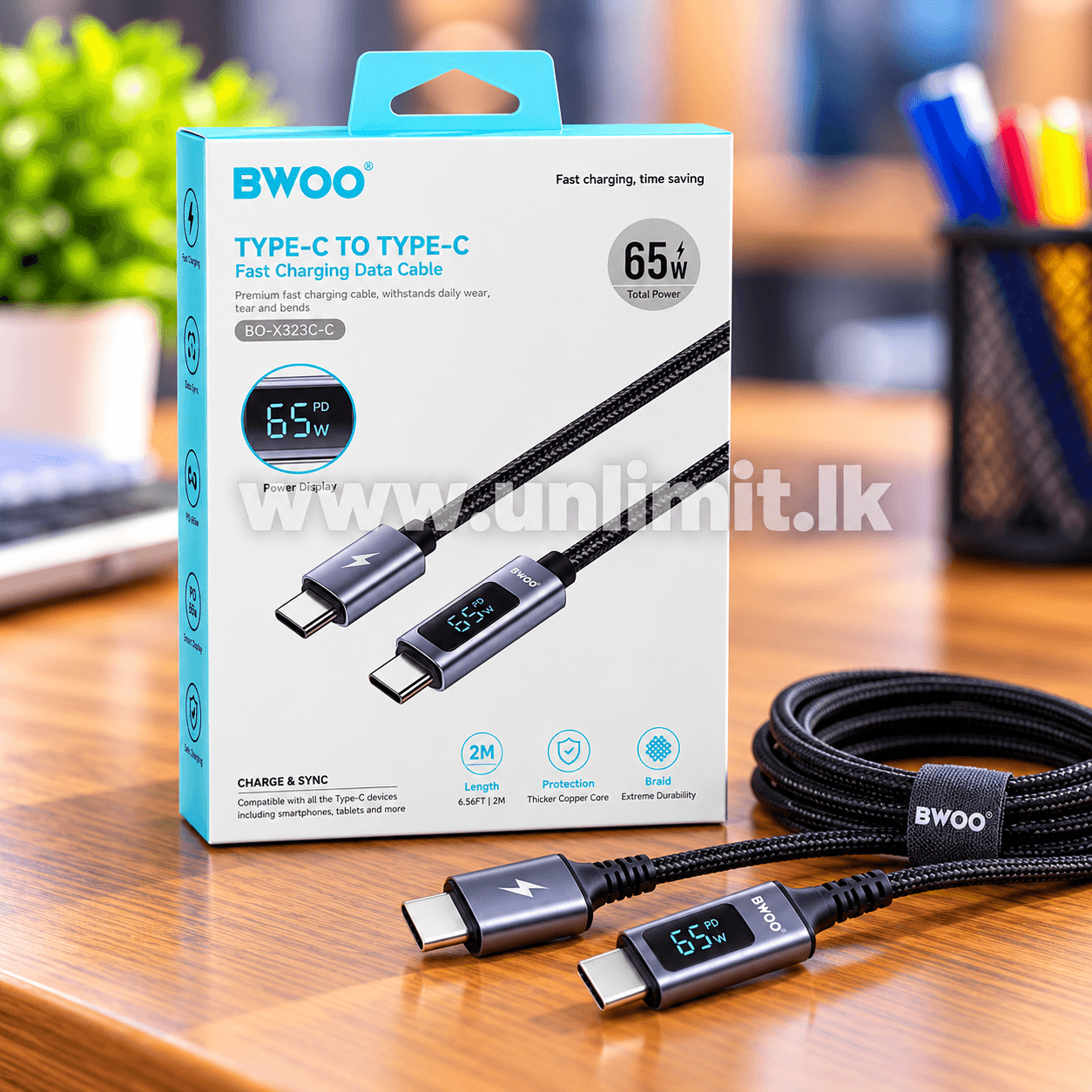 Bwoo Type C - Type C Fast Chargig Cable 65W with Power Display BO-X323C-C UL-12844